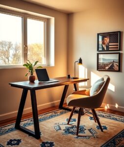 Cozy Home Office with Warm Lighting – free AI stock image