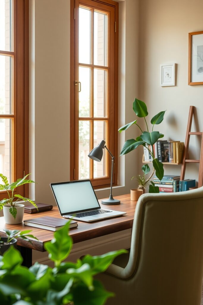 Cozy Home Workspace with Green Plants – free AI stock image
