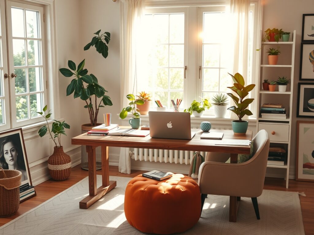 Cozy Home Workspace with Green Plants – free AI stock image