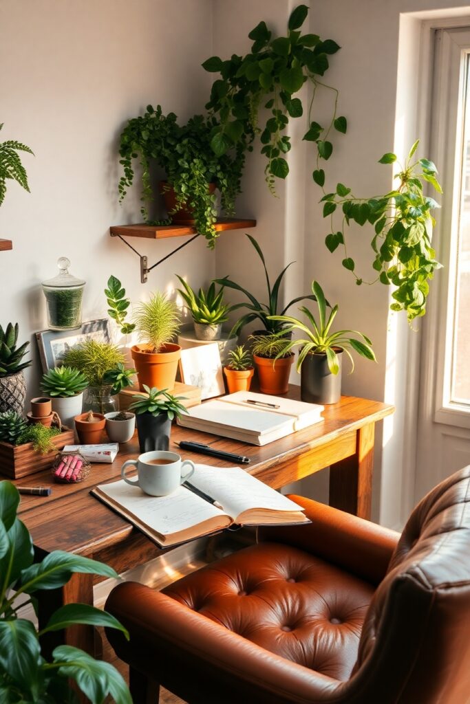 Cozy Home Workspace with Green Plants – free AI stock image