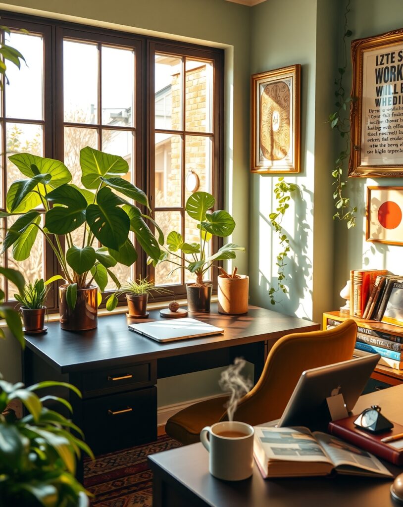 Cozy Home Workspace with Green Plants – free AI stock image