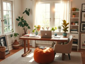 Cozy Home Workspace with Green Plants – free AI stock image