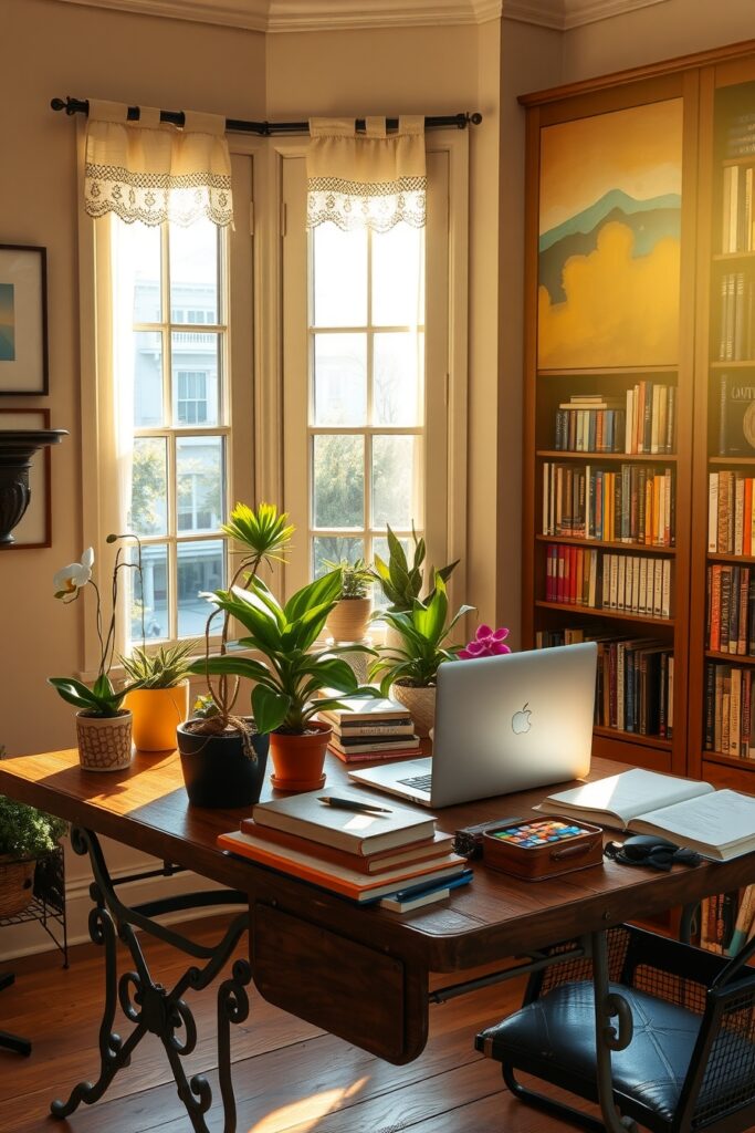 Cozy Home Workspace with Indoor Plants – free AI stock image