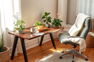 Cozy Home Workspace with Plants and Books – free AI stock image