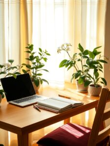 Cozy Home Workspace with Plants and Light – free AI stock image