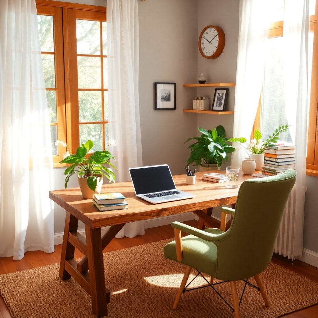 Cozy Home Workspace with Plants and Light – free AI stock image