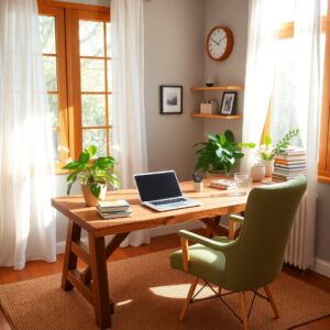 Cozy Home Workspace with Plants and Light – free AI stock image
