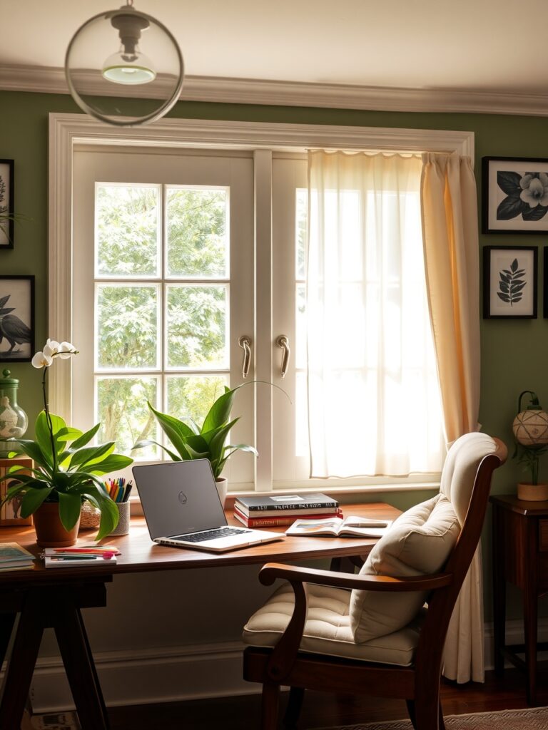 Cozy Home Workspace with Plants and Light – free AI stock image