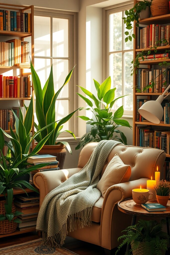 Cozy Indoor Reading Nook with Plants – free AI stock image