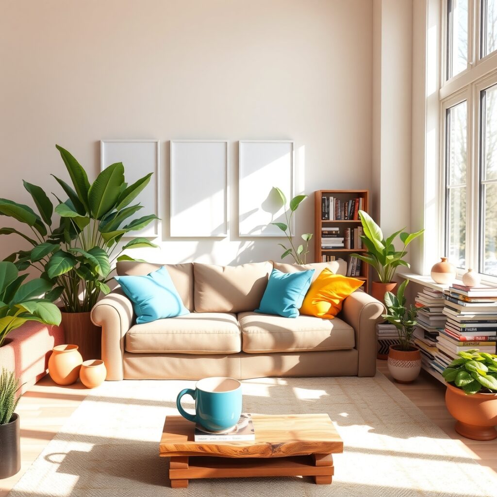 Cozy Living Room with Green Plants and Books – free AI stock image