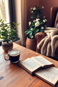 A Cozy Morning with Coffee and Books – free AI stock image