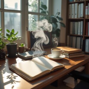 Cozy Office Workspace with Coffee and Books – free AI stock image