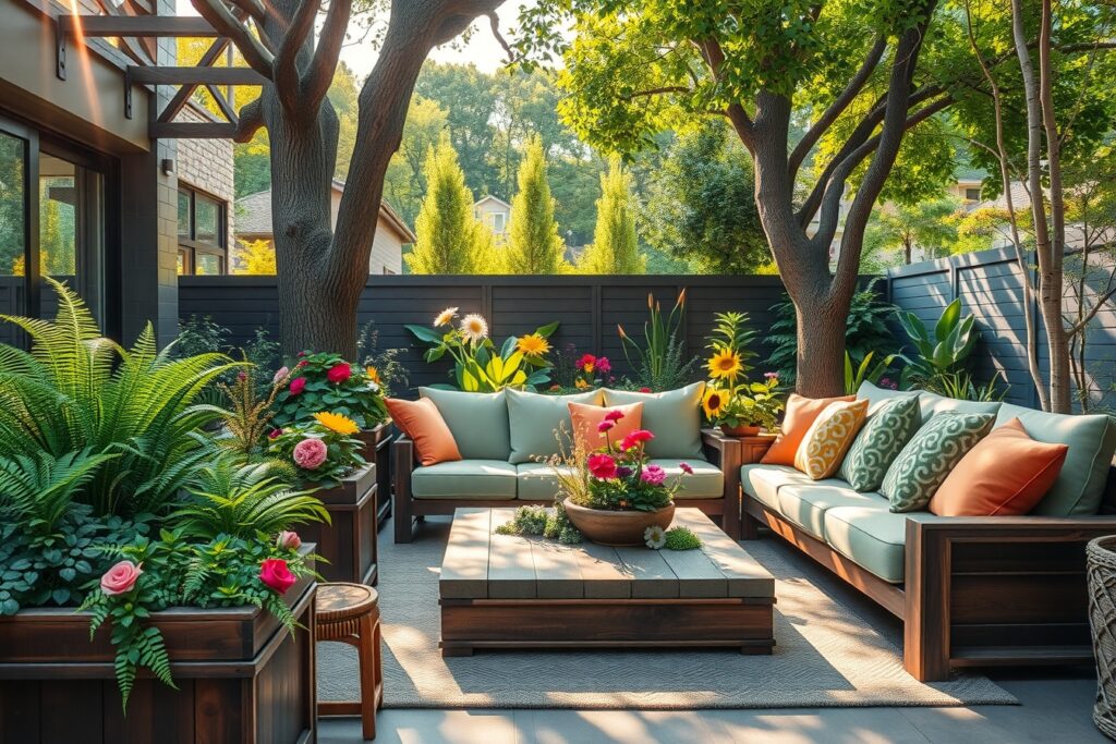 Cozy Outdoor Living Space with Greenery – free AI stock image