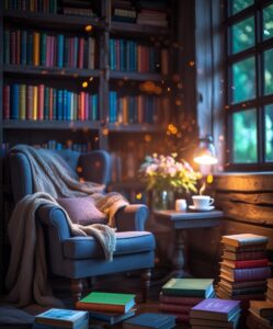 A Cozy Reading Corner with Stacked Books – free AI stock image