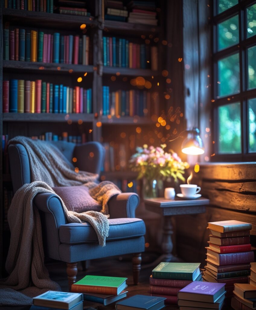 A Cozy Reading Corner with Stacked Books – free AI stock image