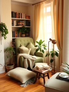 Cozy Reading Nook with Warm Lighting – free AI stock image