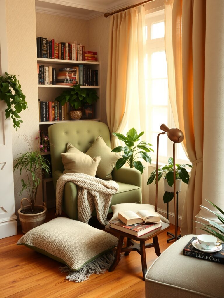 Cozy Reading Nook with Warm Lighting – free AI stock image
