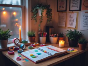Cozy Remote Work Setup with Craft Supplies – free AI stock image