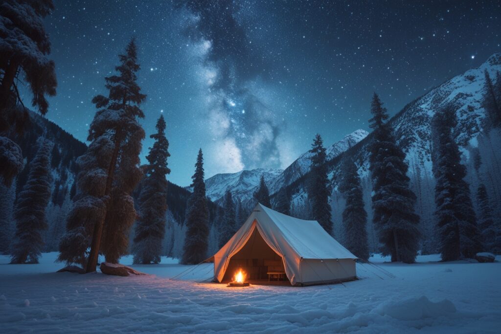 Cozy Snowy Camping Under Starry Night – free AI stock image