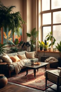 Cozy Urban Living Room with Greenery – free AI stock image