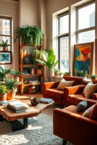 Cozy Urban Living Room with Plants – free AI stock image