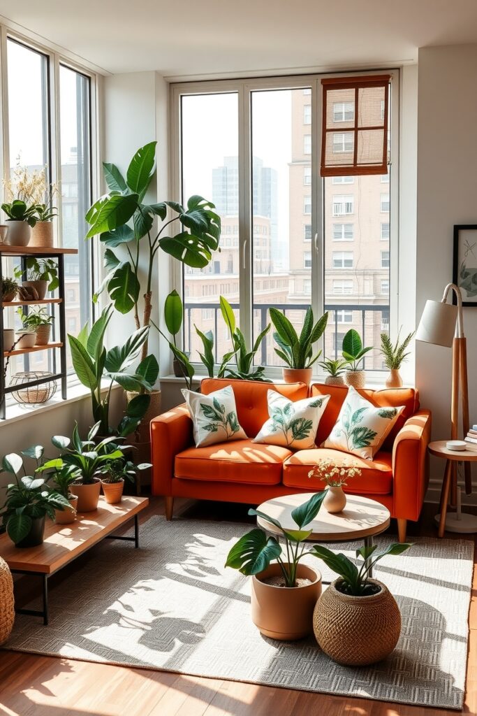 Cozy Urban Living Space with Green Plants – free AI stock image