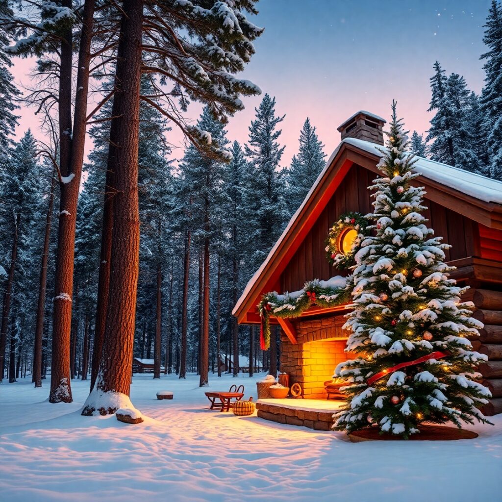 Cozy Winter Cabin by a Snowy Pine Forest – free AI stock image