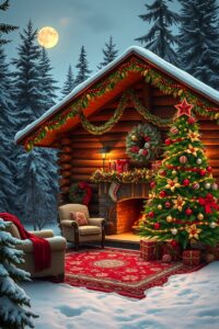 Cozy Winter Cabin Christmas Decorations – free AI stock image