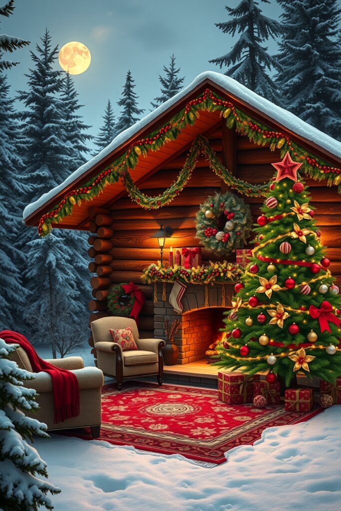 Cozy Winter Cabin Christmas Decorations – free AI stock image