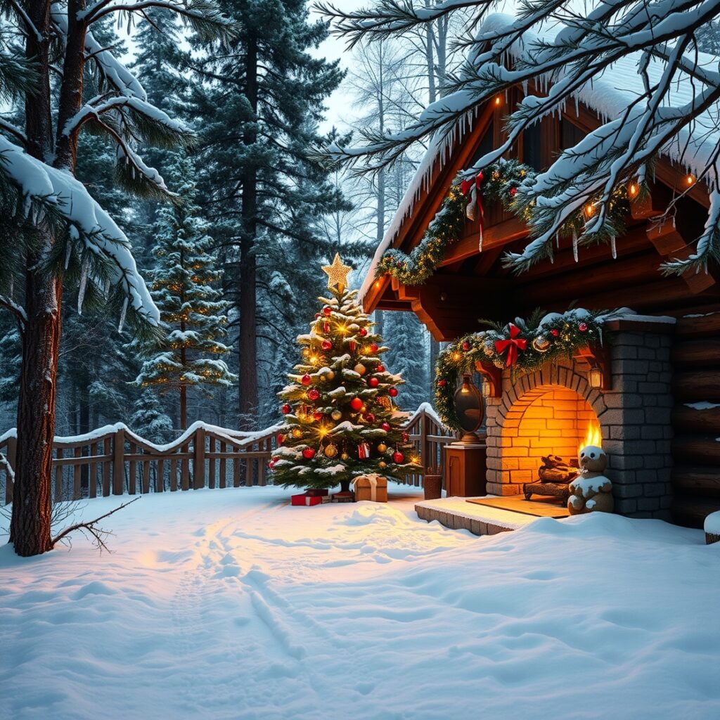 Cozy Winter Cabin Decorated for Christmas – free AI stock image