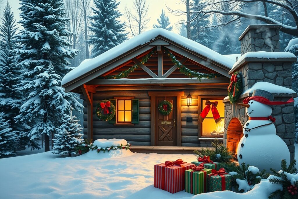 Cozy Winter Cabin Decorated for Christmas – free AI stock image