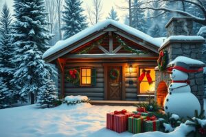 Cozy Winter Cabin Decorated for Christmas – free AI stock image