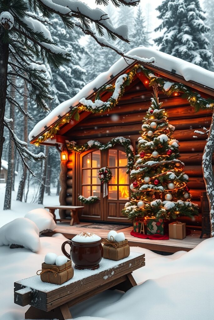 Cozy Winter Cabin Decorated for Holidays – free AI stock image