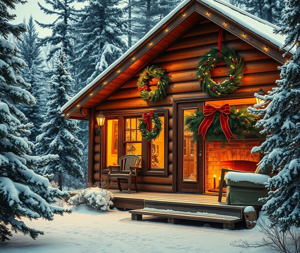 Cozy Winter Cabin Decorated for Holidays – free AI stock image