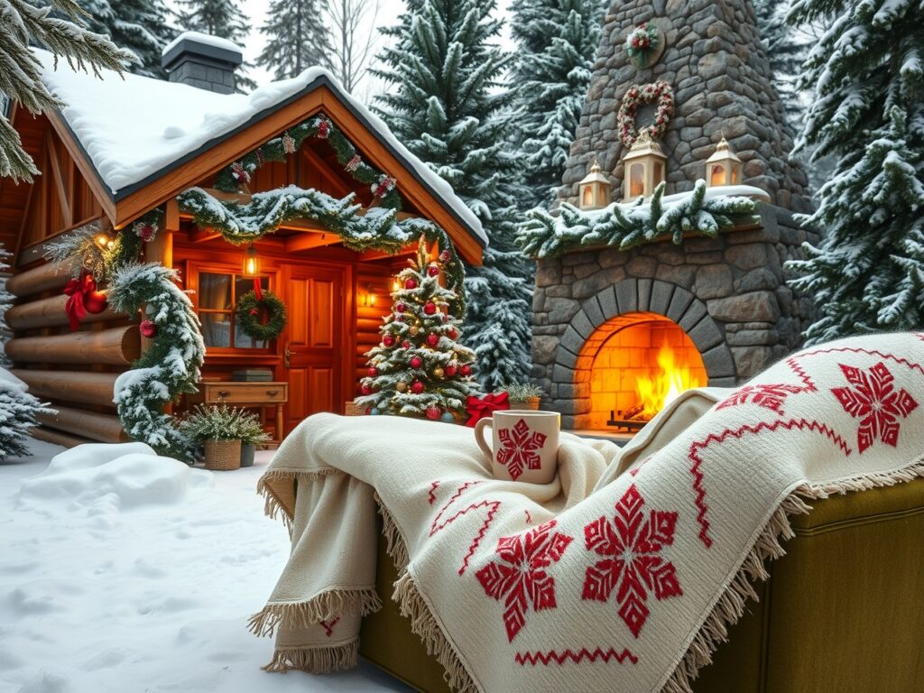 Cozy Winter Cabin Decorated for Holidays – free AI stock image