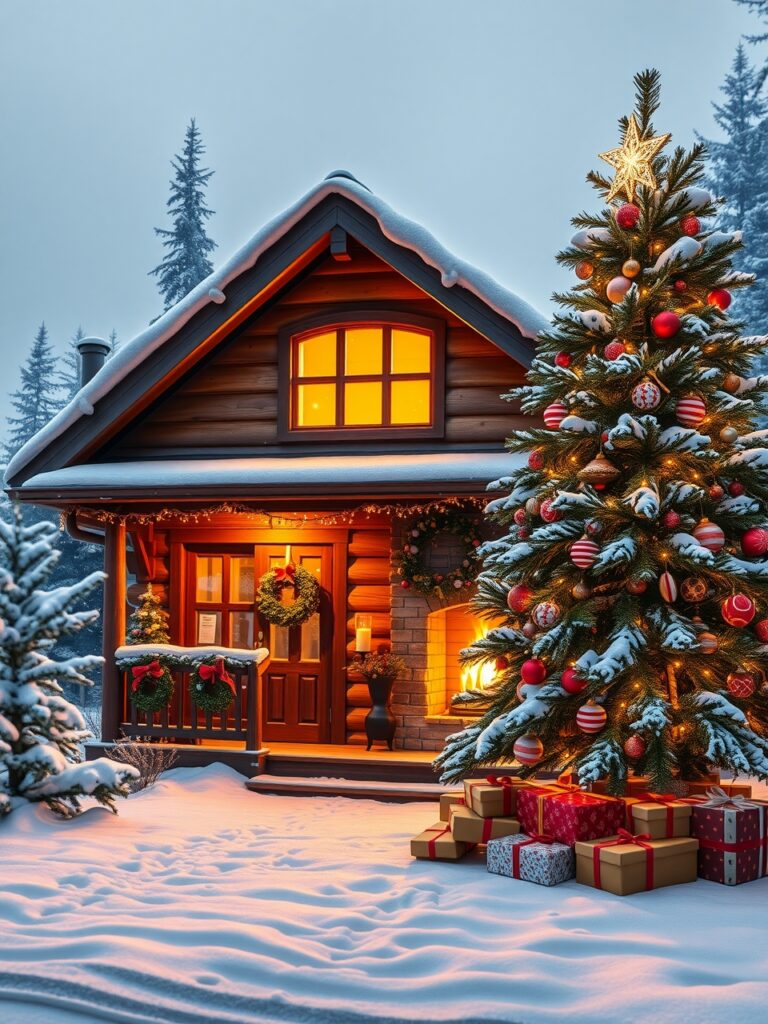 Cozy Winter Cabin Decorated for Holidays – free AI stock image