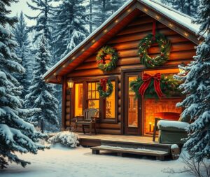 Cozy Winter Cabin Decorated for Holidays – free AI stock image