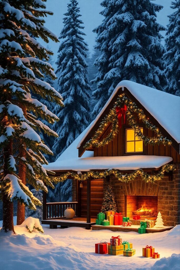 Cozy Winter Cabin Decorated for Holidays – free AI stock image