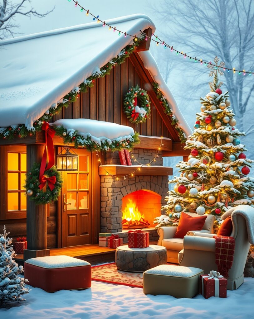 Cozy Winter Cabin Decorated for Holidays – free AI stock image