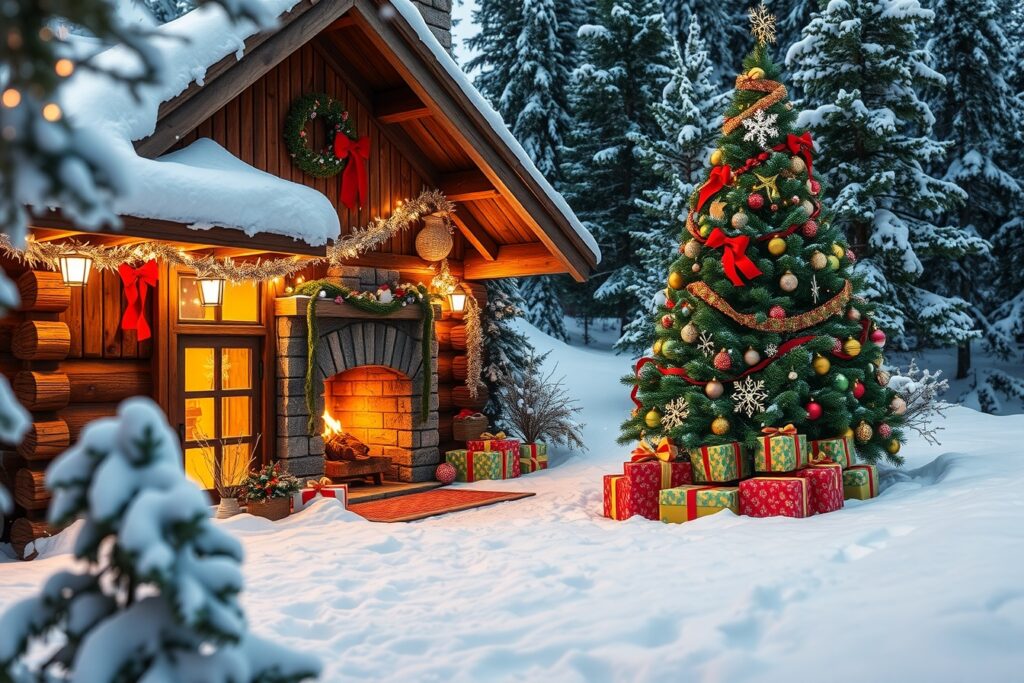 Cozy Winter Cabin Decorated for Holidays – free AI stock image