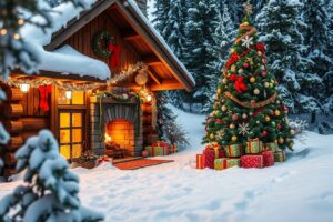 Cozy Winter Cabin Decorated for Holidays – free AI stock image