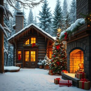 Cozy Winter Cabin Decorated for Holidays – free AI stock image