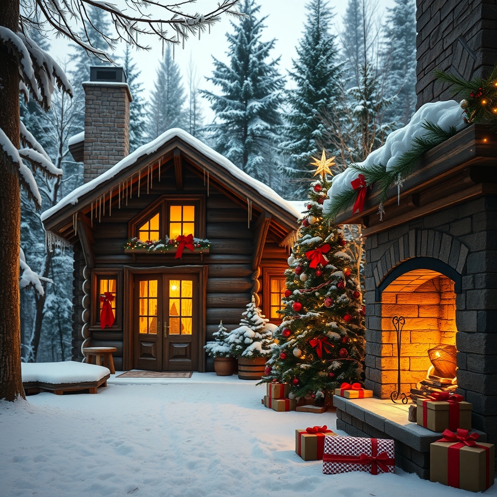 Cozy Winter Cabin Decorated for Holidays – free AI stock image
