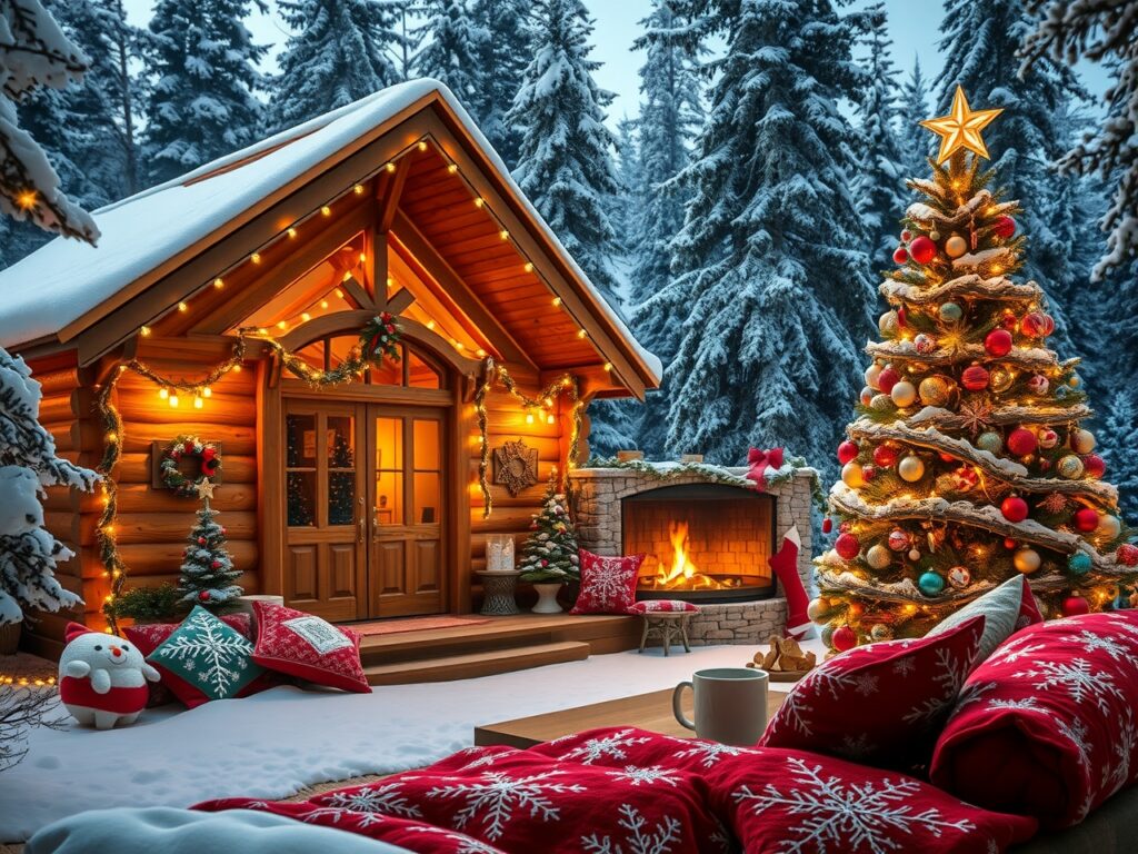 Cozy Winter Cabin Decorated for Holidays – free AI stock image