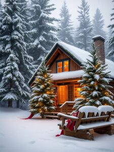 Cozy Winter Cabin During Holiday Snowfall – free AI stock image