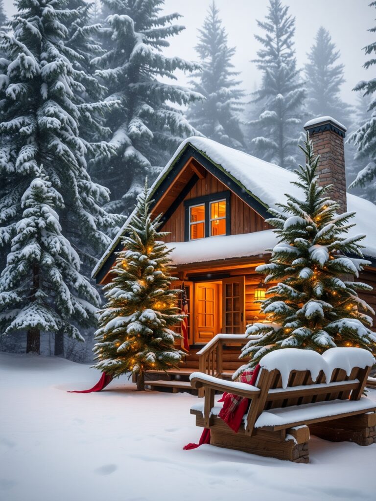 Cozy Winter Cabin During Holiday Snowfall – free AI stock image
