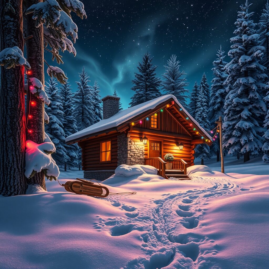 Cozy Winter Cabin Holiday Scene – free AI stock image