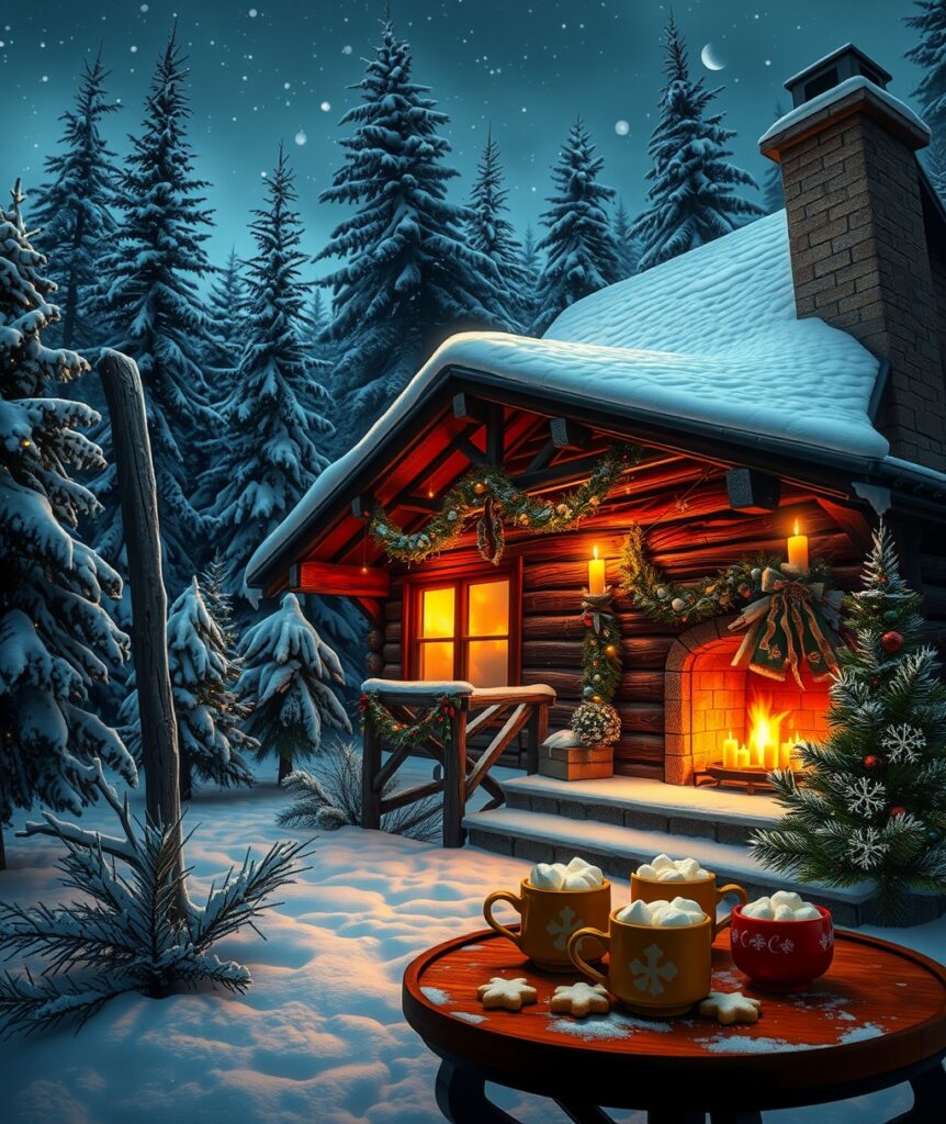 Cozy Winter Cabin Holiday Scene – free AI stock image