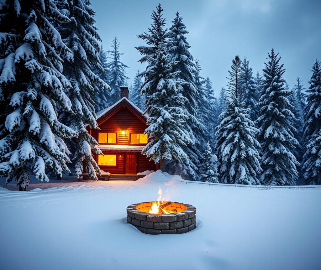Cozy Winter Cabin Holidays with Snowy Landscape – free AI stock image