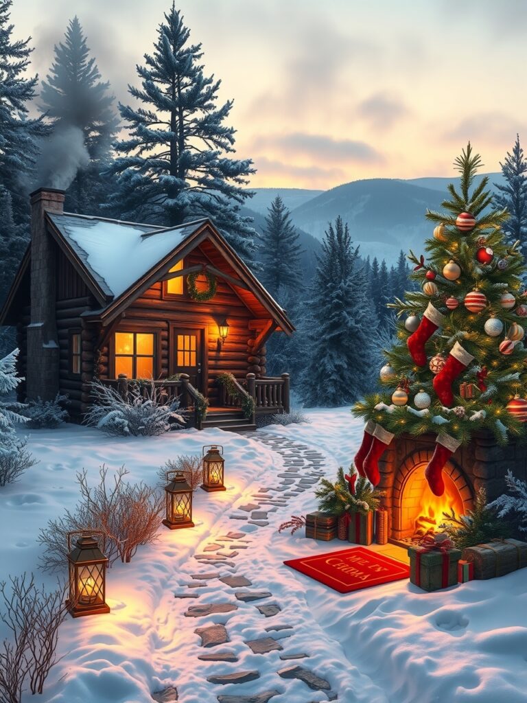 Cozy Winter Cabin with Festive Decorations – free AI stock image